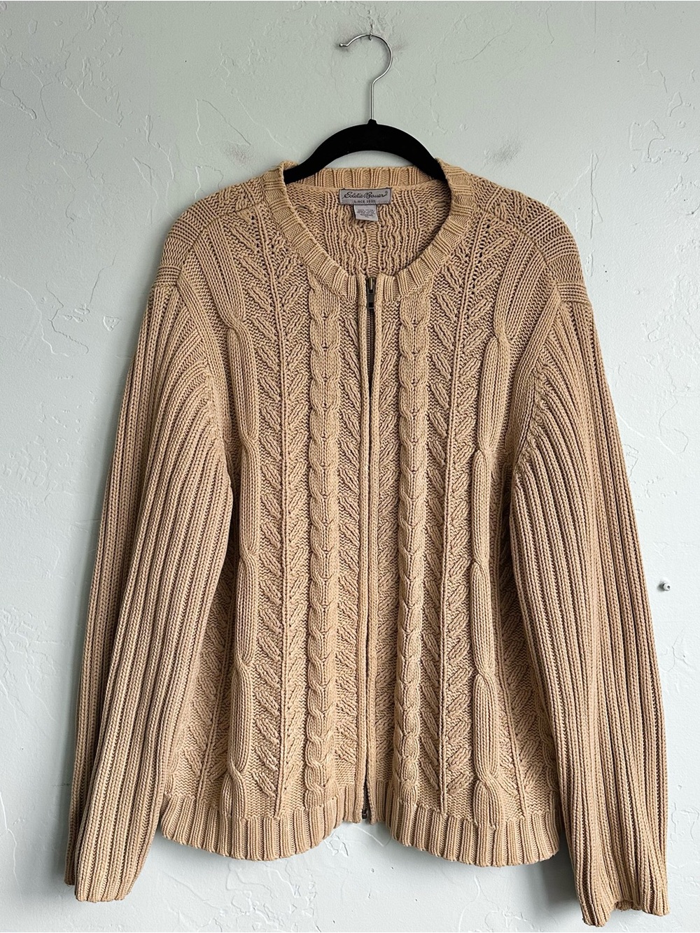 Eddie Bauer Women's Classic Cable Knit Zip Cardigan Sweater Tan XL Preppy Fall